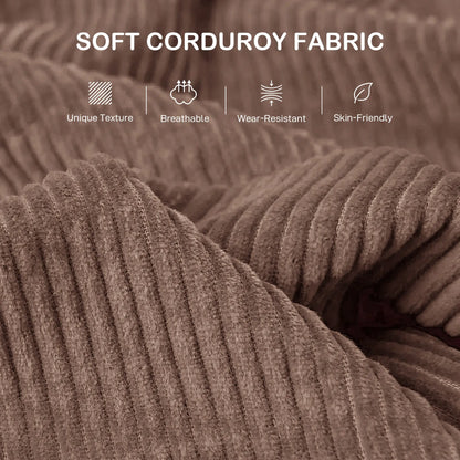 Close-up of soft corduroy fabric with text highlighting its properties.