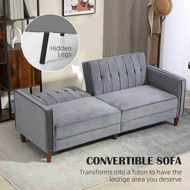 Gray convertible sofa with hidden legs feature, shown in a living room setting.