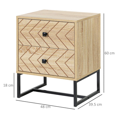 Wooden side table with chevron pattern and dimensions on a white background