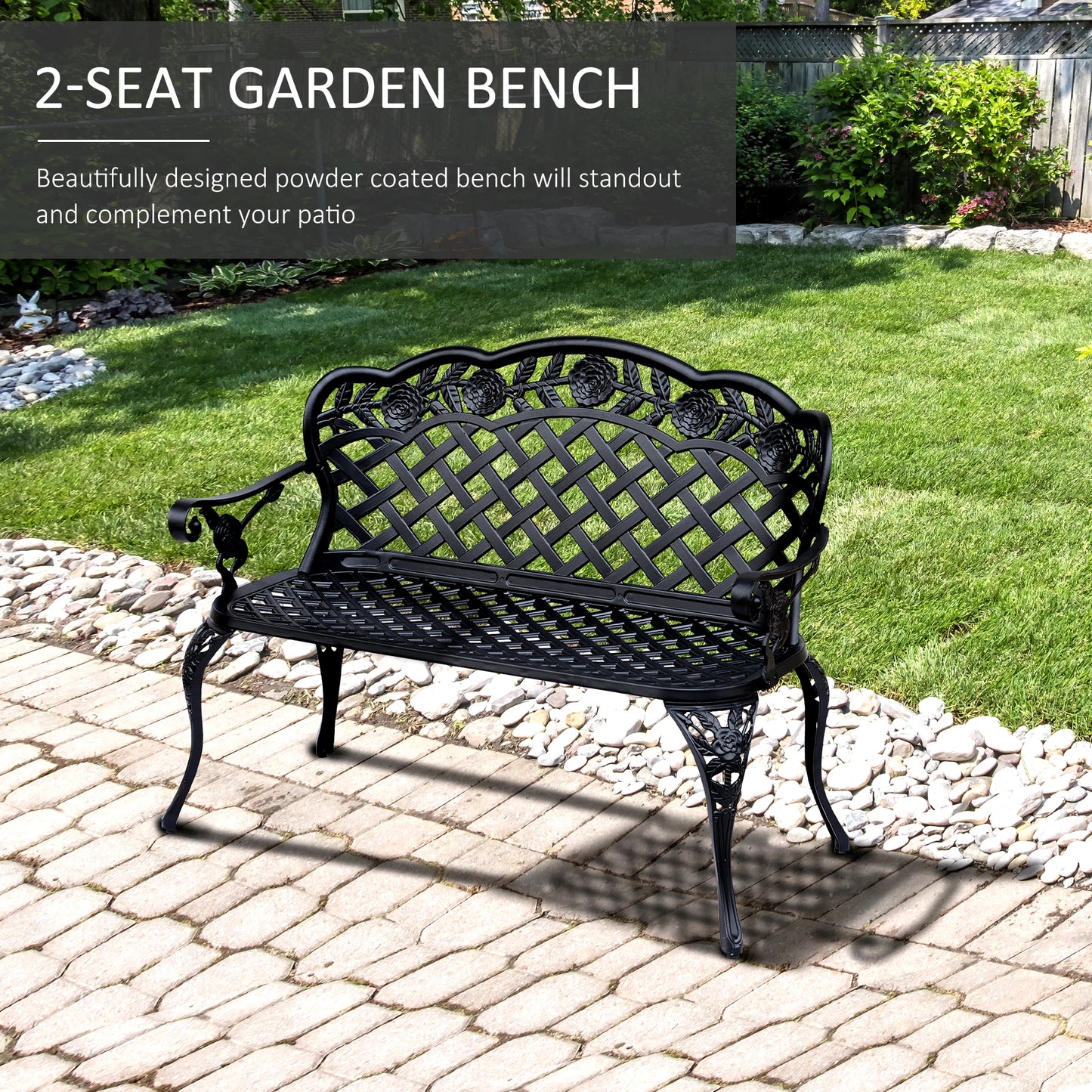 Black 2-seat garden bench on a patio with grass and plants in the background