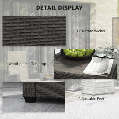 Outdoor furniture set with PE rattan wicker, wood-plastic tabletop, and adjustable feet.