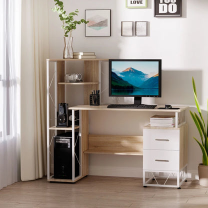 Home office setup with a desk, computer monitor, and shelves.