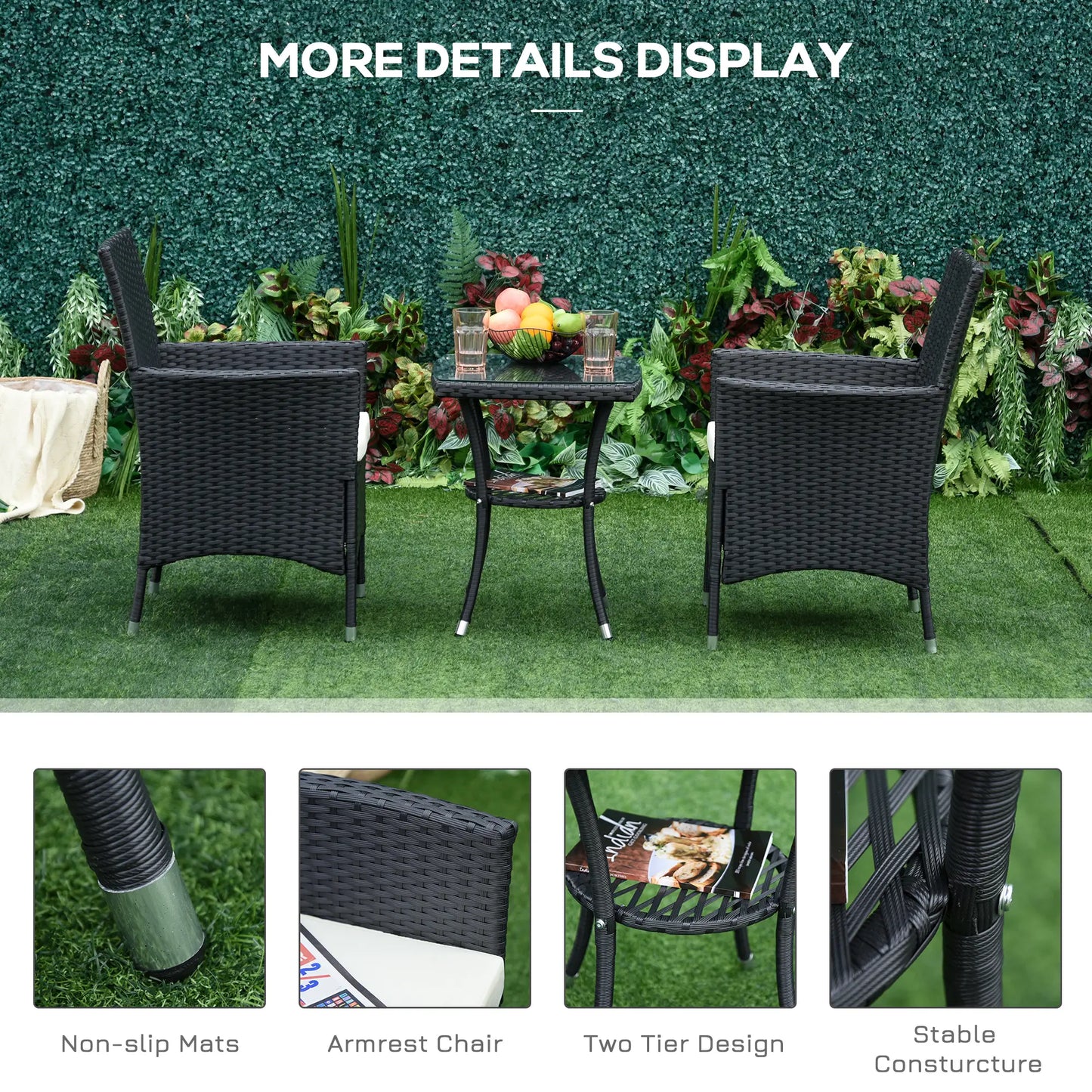 Outdoor furniture set with table and chairs on grass, surrounded by plants.