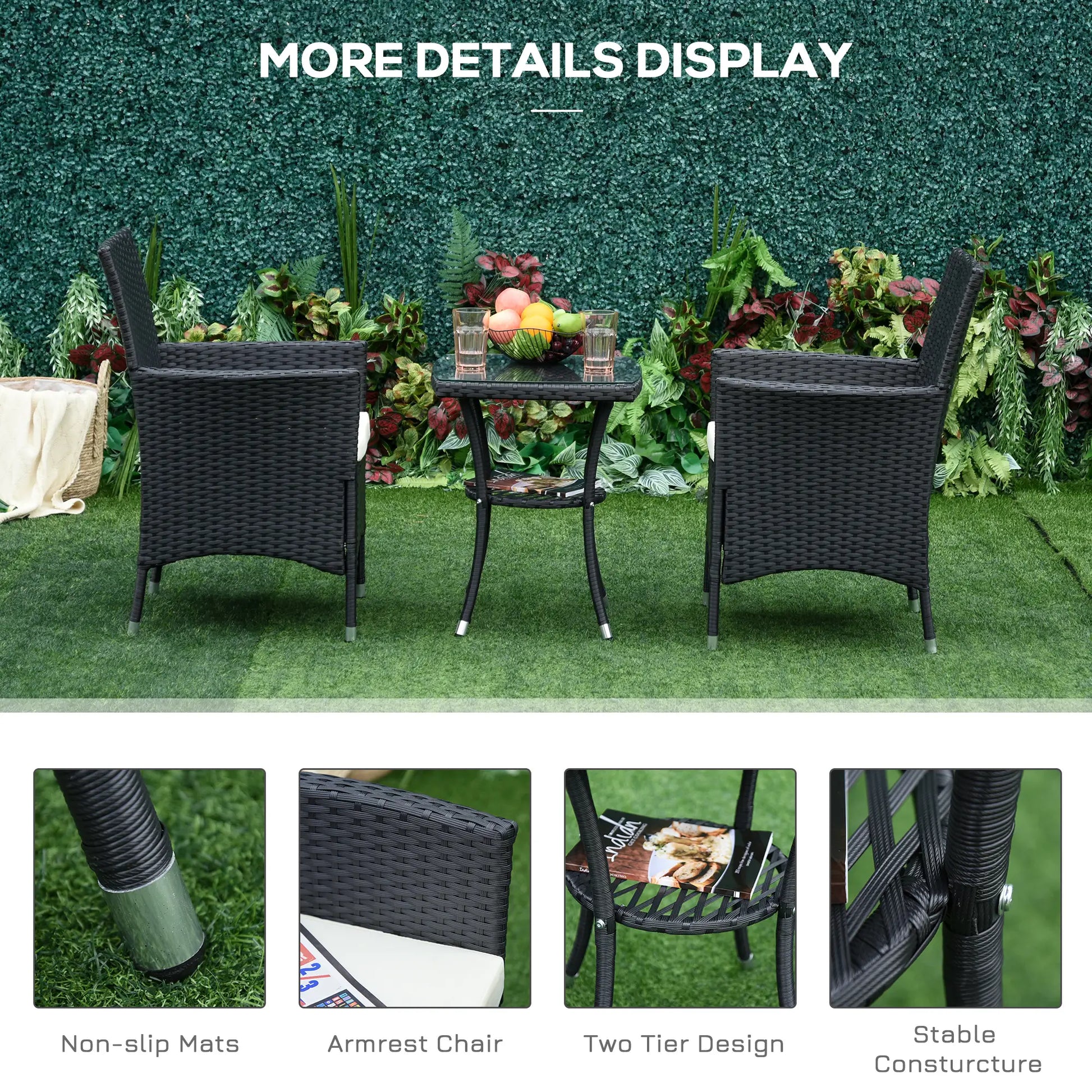 Outdoor furniture set with table and chairs on grass, surrounded by plants.