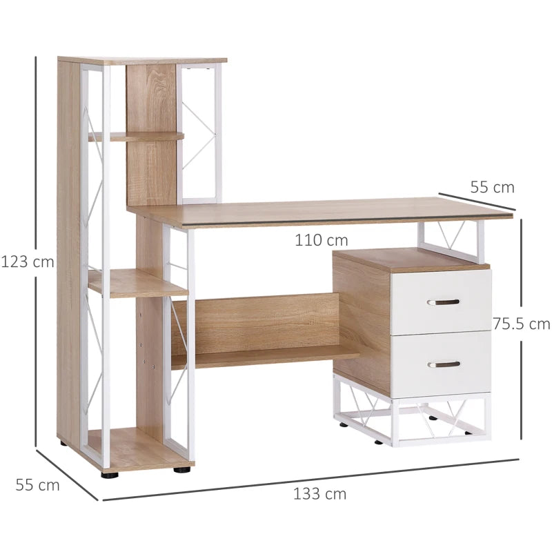 Wooden desk with shelves and drawers, shown with dimensions on a white background