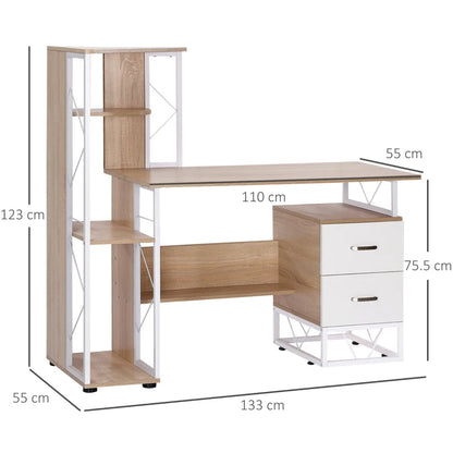 Wooden desk with shelves and drawers, shown with dimensions on a white background