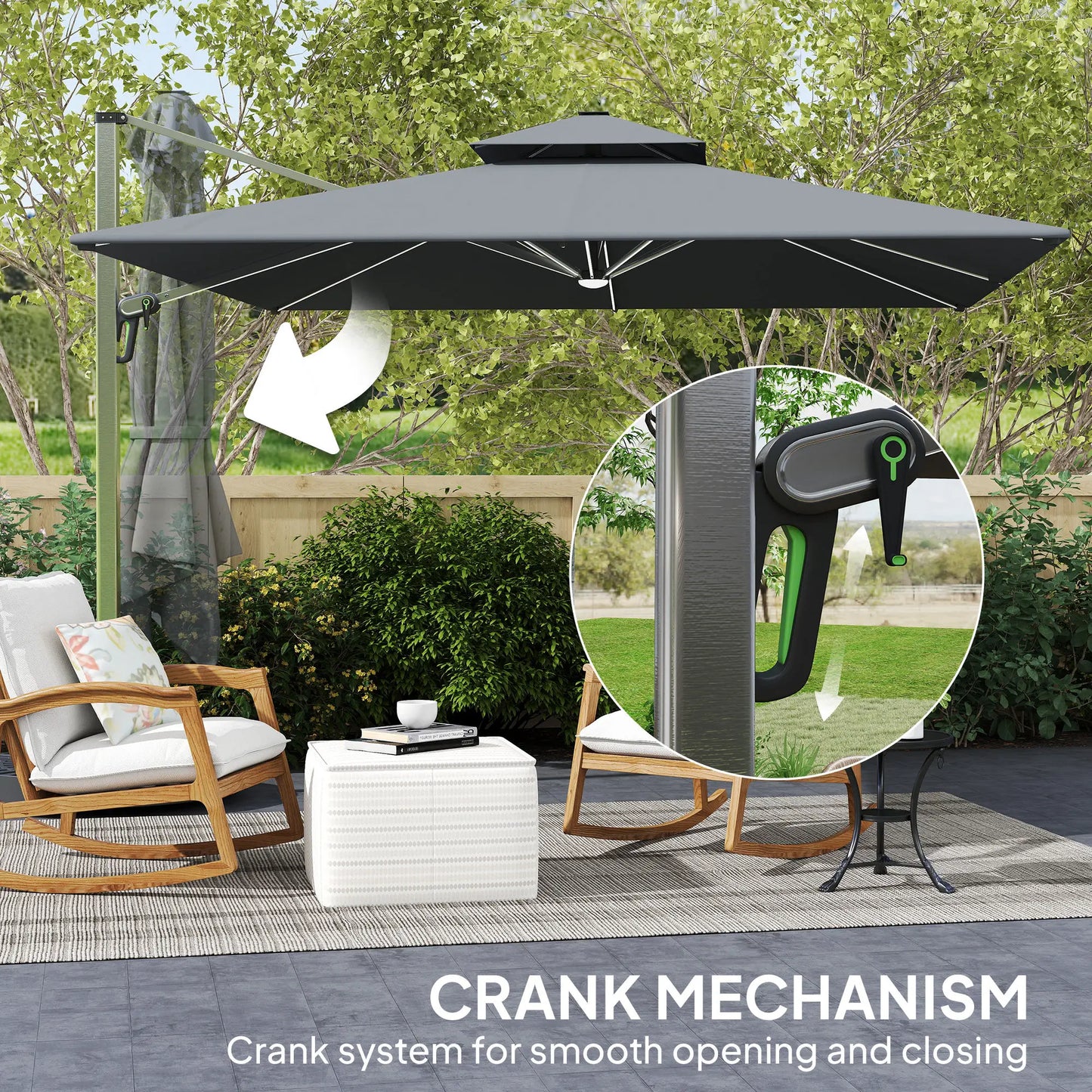 Outdoor patio umbrella with crank mechanism in a garden setting