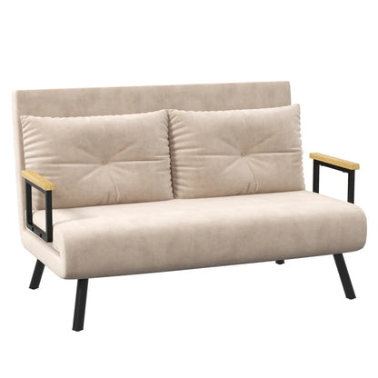 Beige sofa with wooden armrests and black legs on a white background