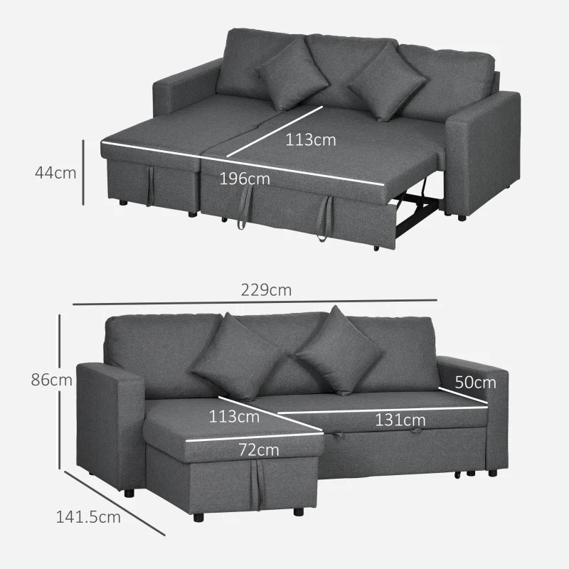 Gray sectional sofa with dimensions labeled on a white background