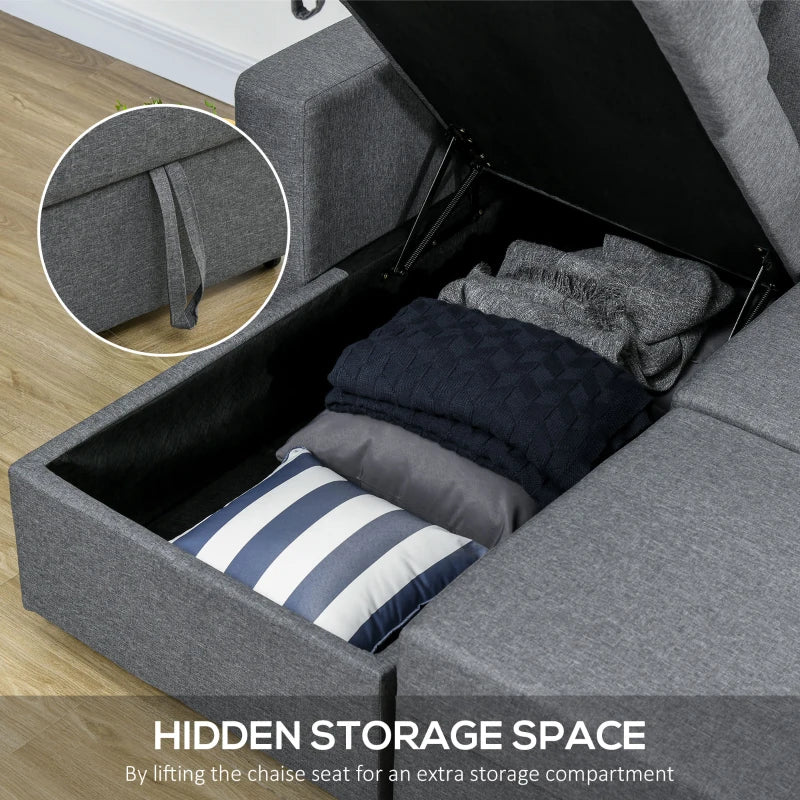 Gray chaise lounge with hidden storage space filled with clothes and a pillow.