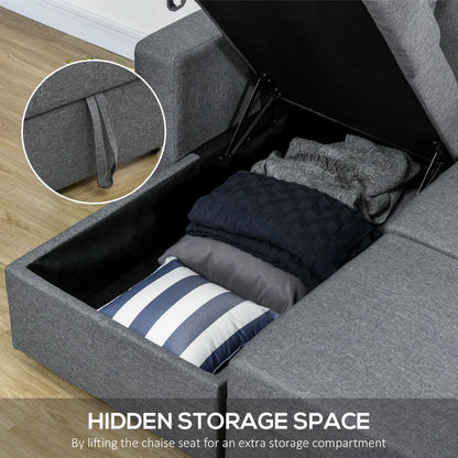 Gray chaise lounge with hidden storage space filled with clothes and a pillow.