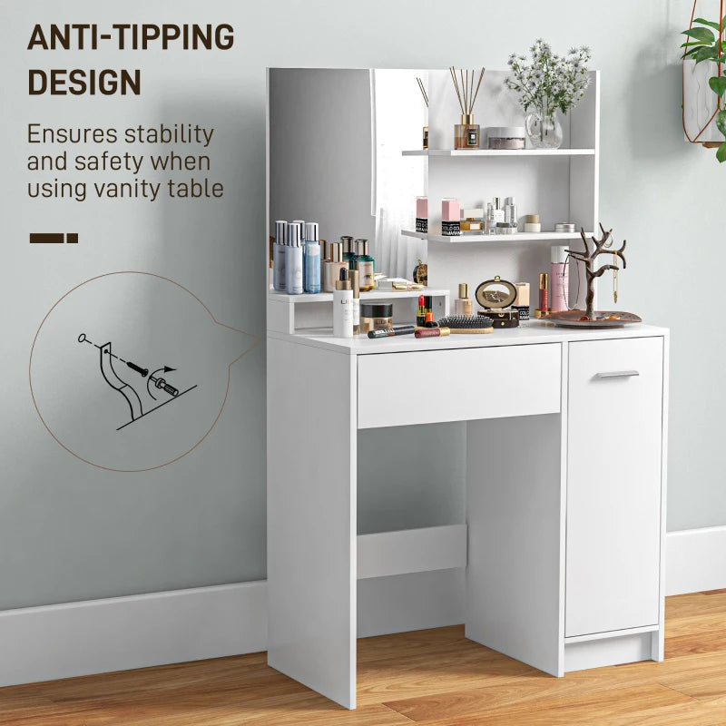 White vanity table with cosmetic items and an anti-tip design label on a gray wall.