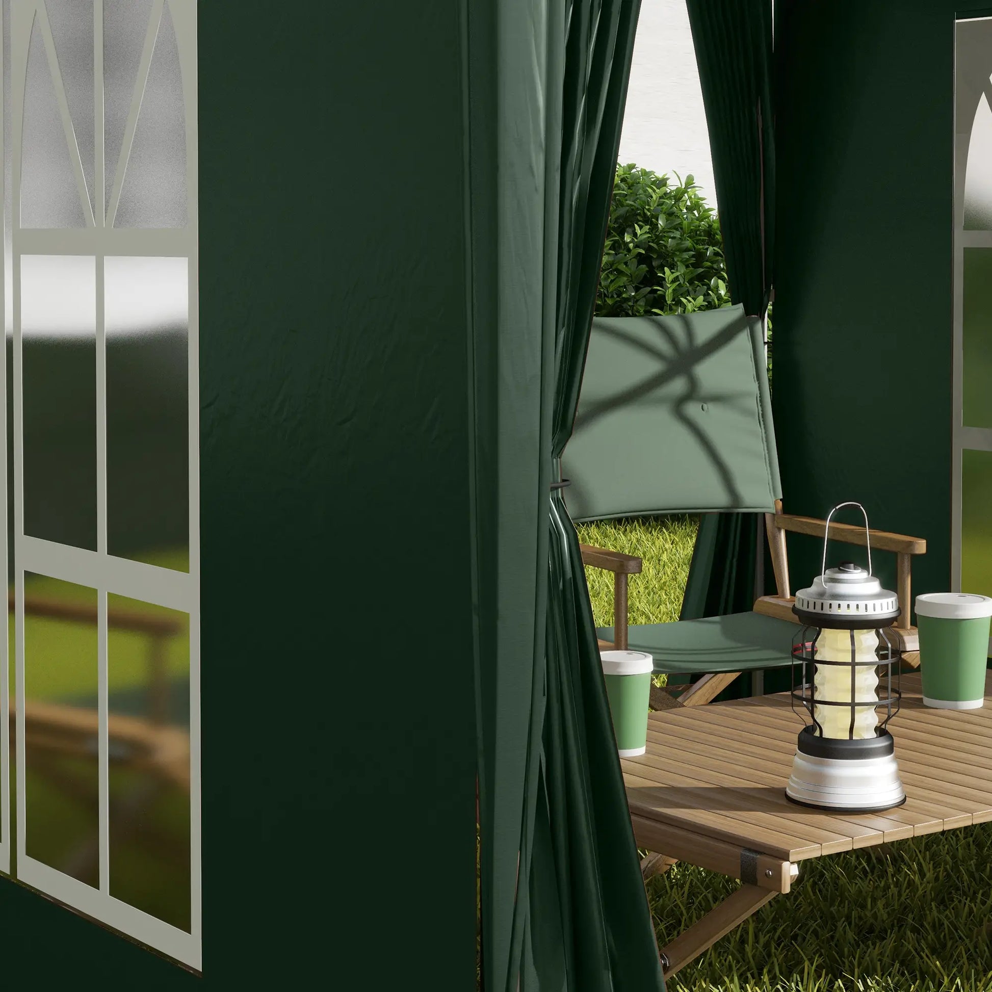 Outdoor setting with green curtains, table, chairs, and lantern.