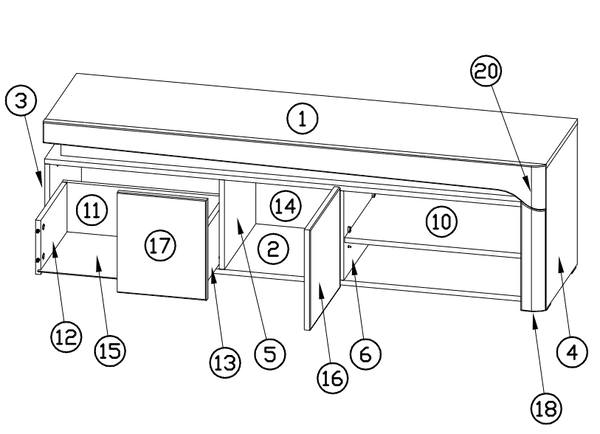 Diagram of a piece of furniture with labeled parts on a white background