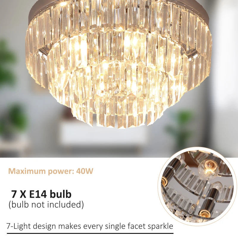 Chandelier with crystal design and bulb information on a blurred background