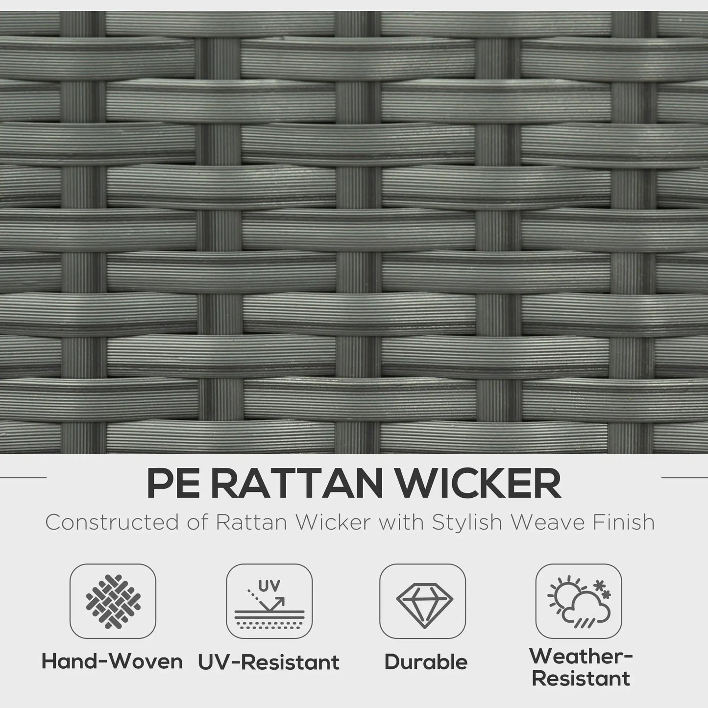 Close-up of PE rattan wicker with text highlighting its features.