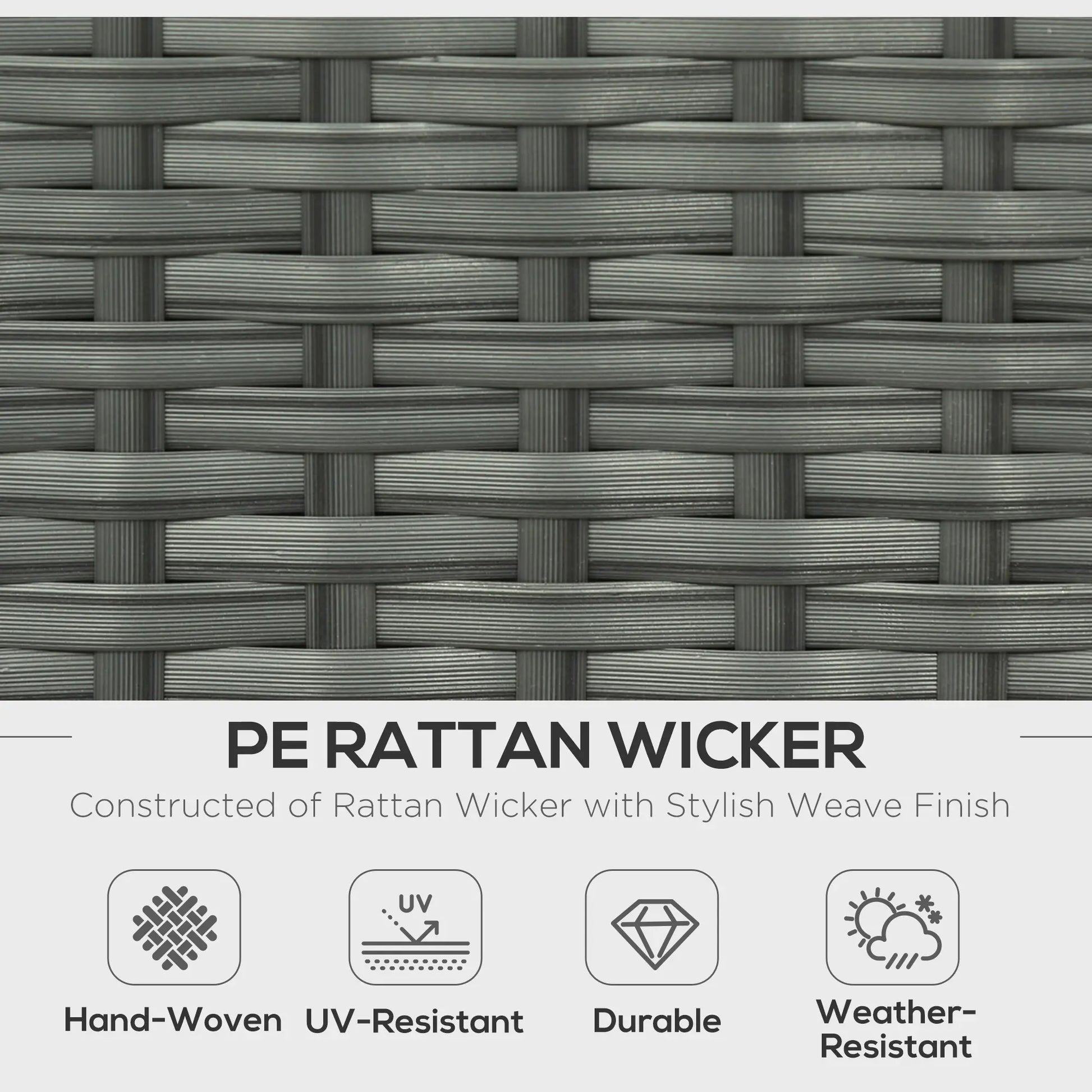 Close-up of PE rattan wicker with text highlighting its features.