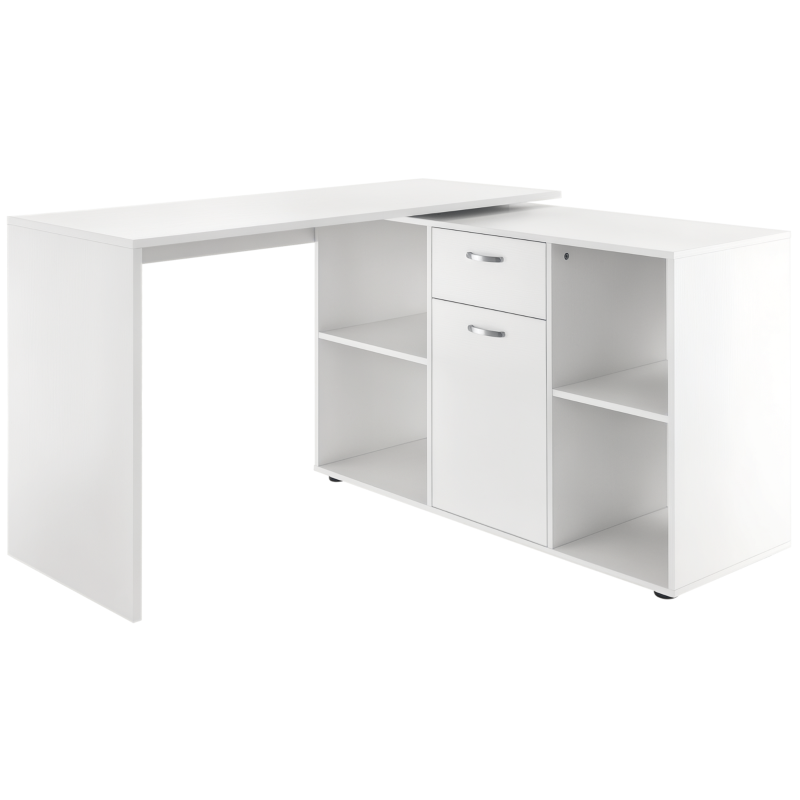 White L-shaped desk with shelves and drawers on a white background