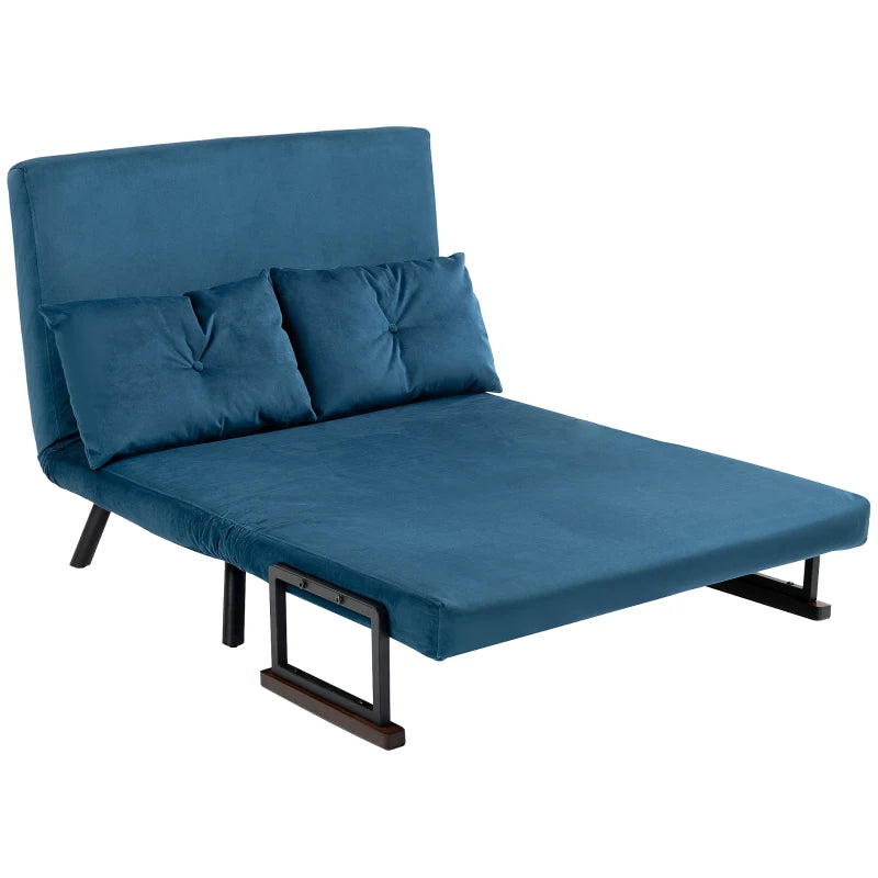 Blue sofa bed with two pillows on a white background