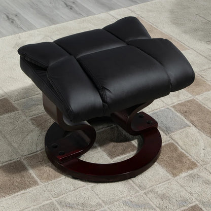 Black leather footstool on a tiled floor