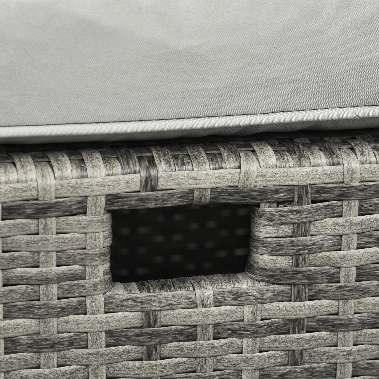 Close-up of woven basket with a gray fabric top