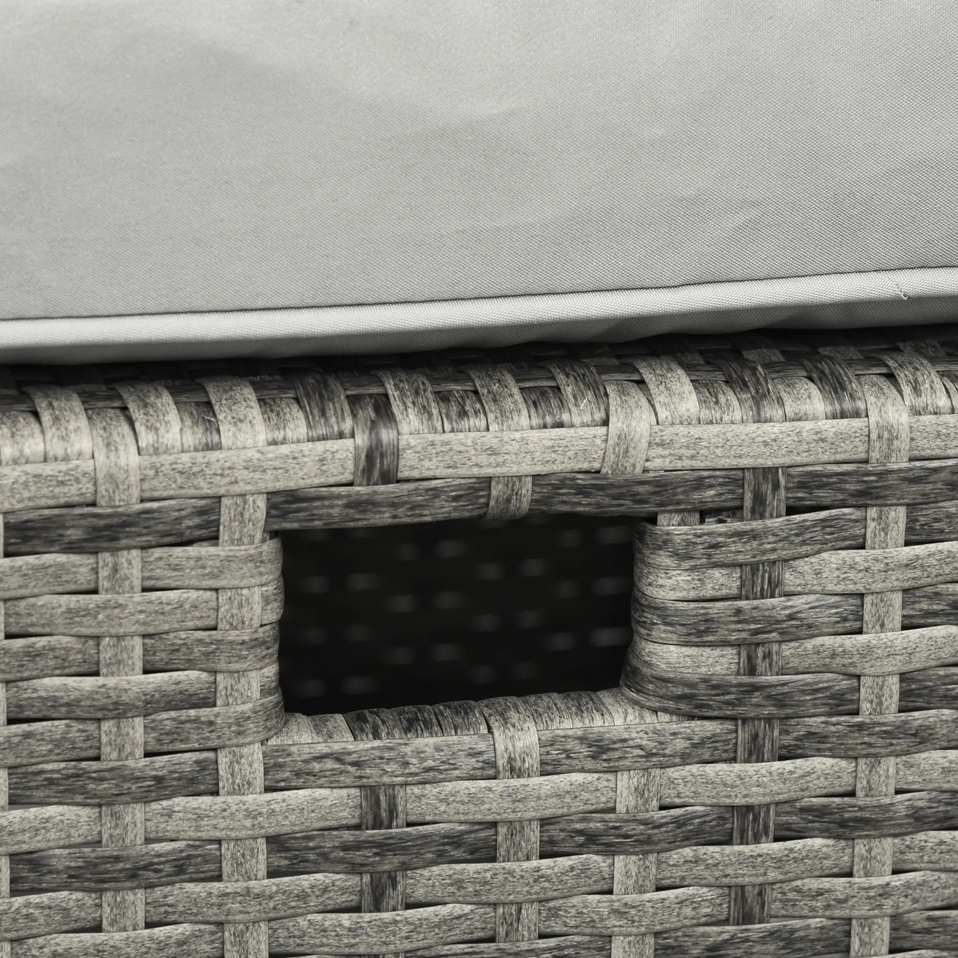 Close-up of woven basket with a gray fabric top