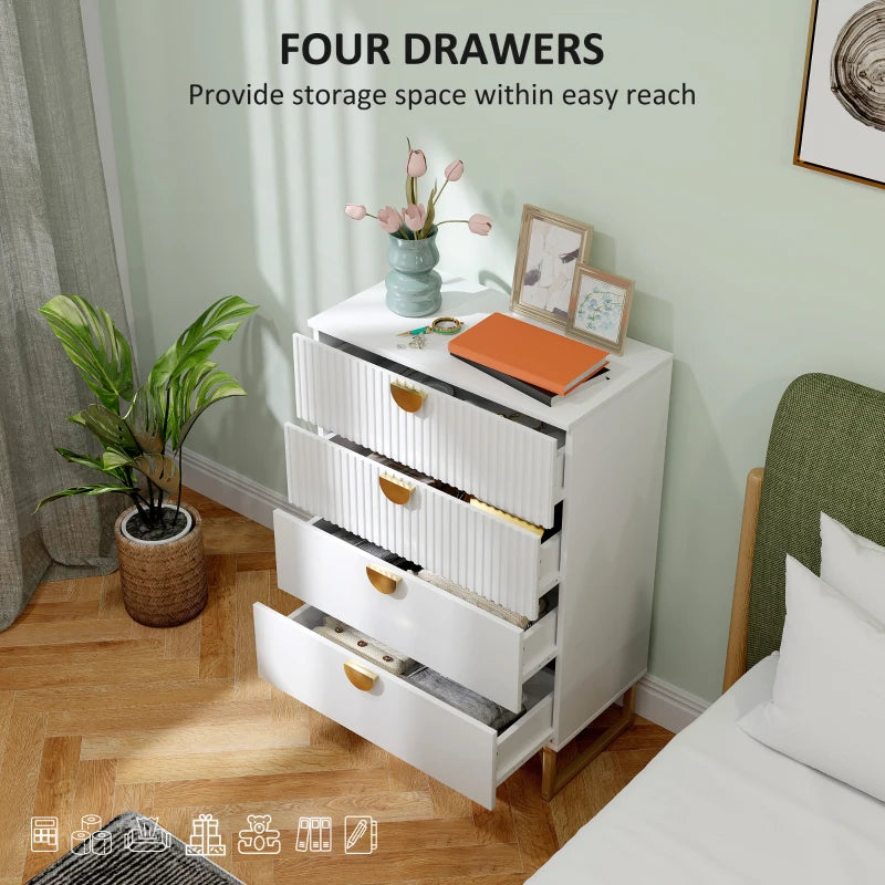 White dresser with four drawers in a bedroom setting, featuring a plant and decorative items.