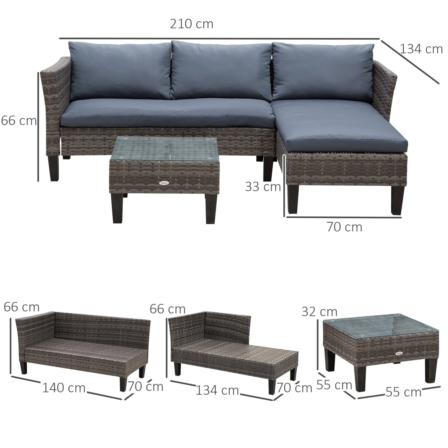 Outdoor furniture set with dimensions labeled on a white background