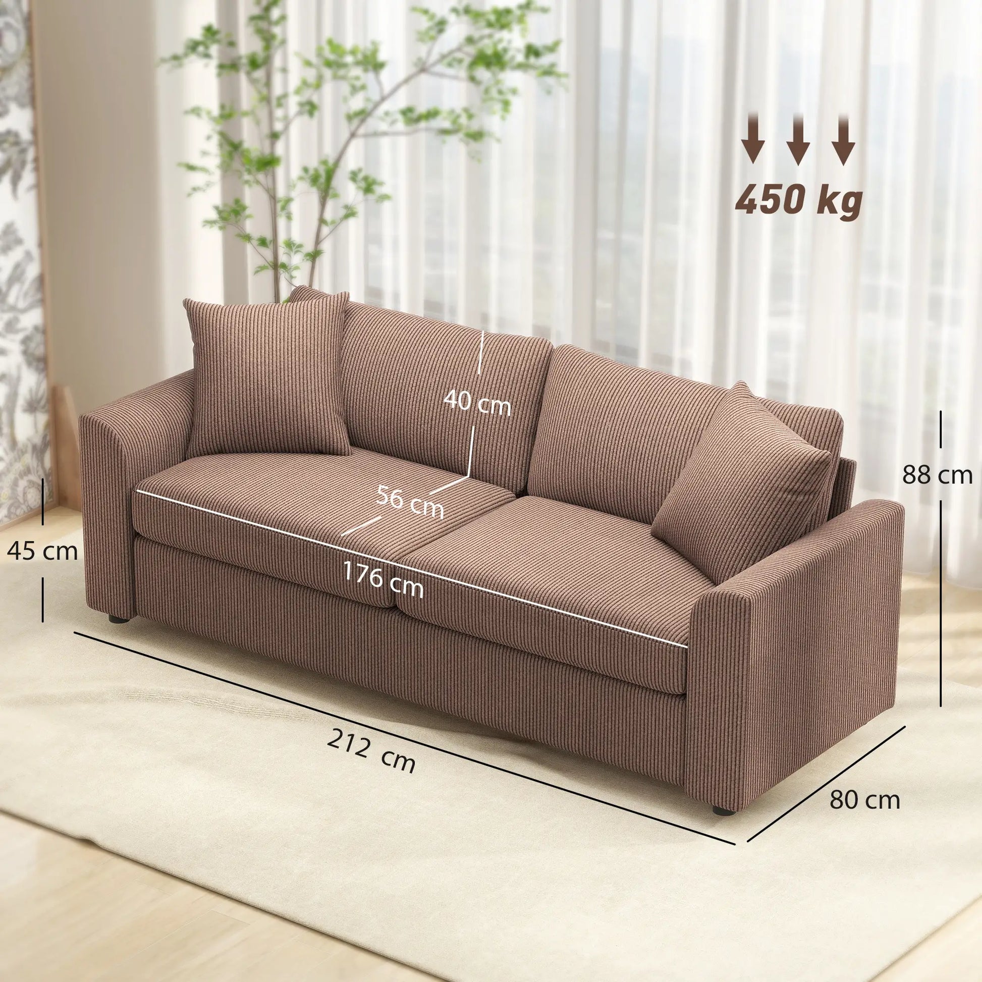 Brown sofa with dimensions marked on a light background