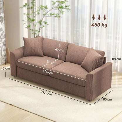 Brown sofa with dimensions marked on a light background