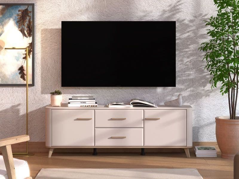 Modern living room with a TV mounted on the wall above a white entertainment console.