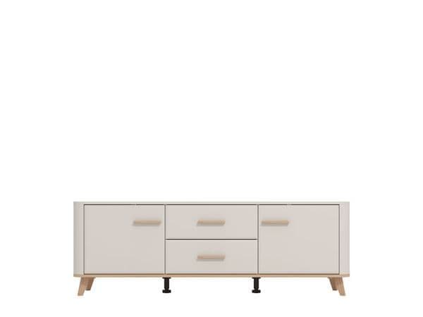 Beige sideboard with three drawers on a white background