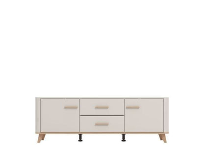 Beige sideboard with three drawers on a white background