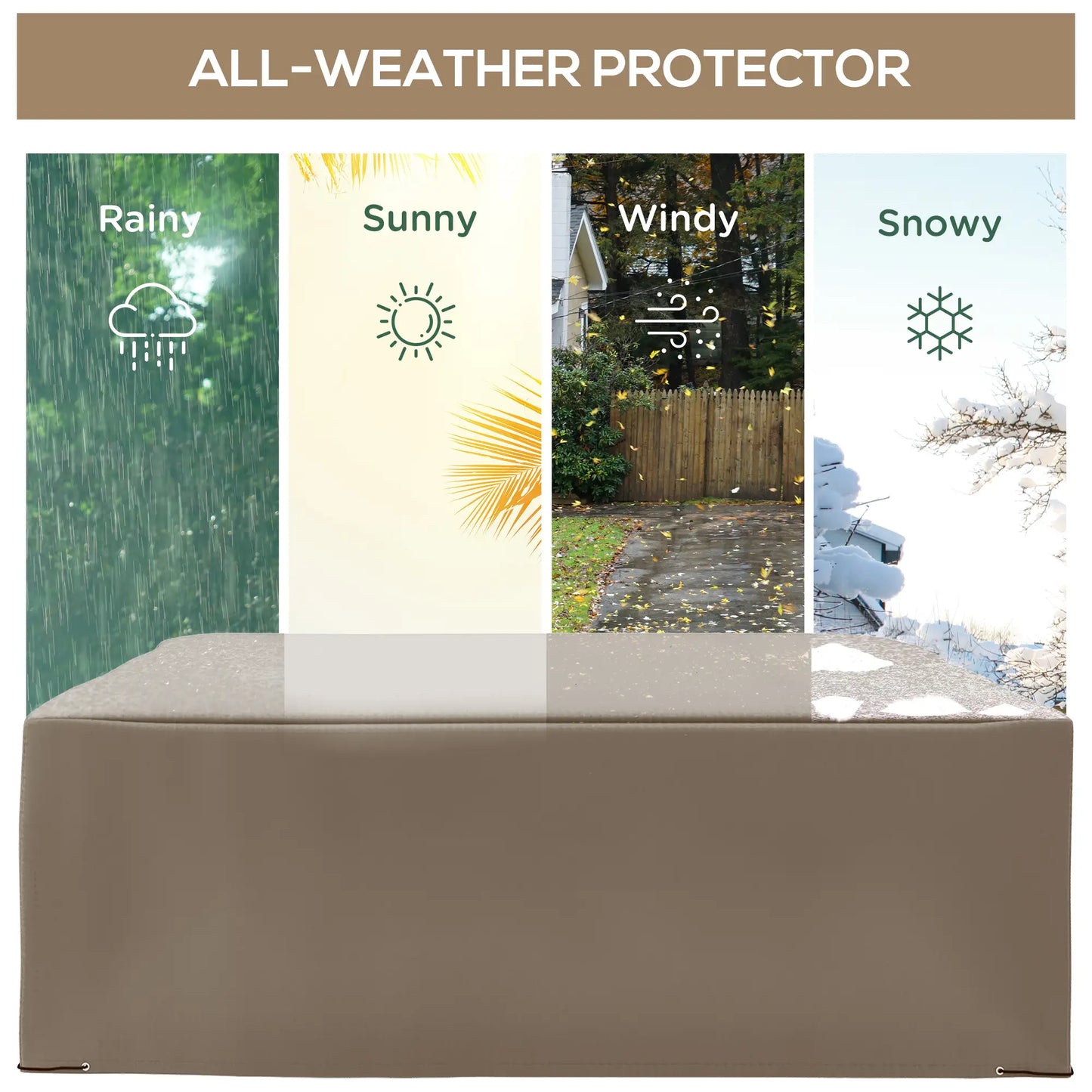 All-weather protector with images of rain, sun, wind, and snow on a beige background.