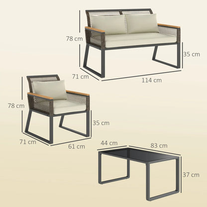 Outsunny Four Piece Wicker Rope Garden Furniture Set with Glass Top Coffee Table