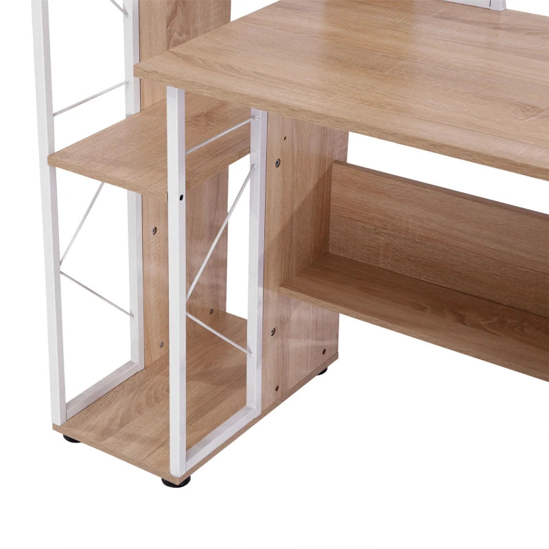 Wooden desk with white metal frame on a white background