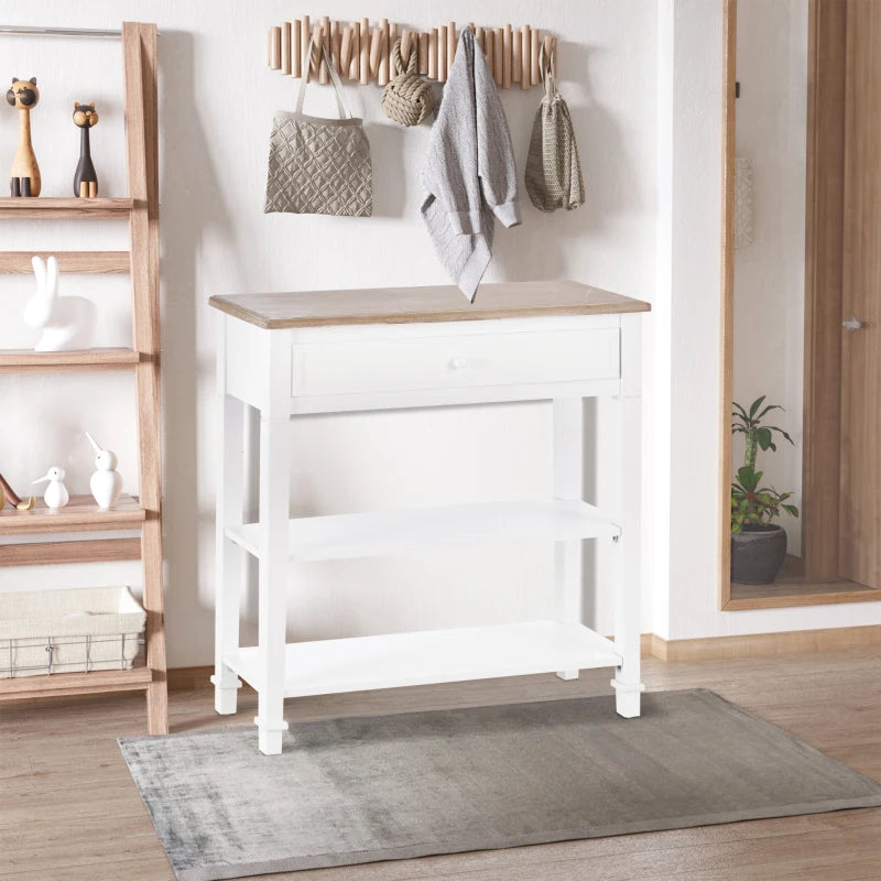 White kitchen island with wooden countertop in a home setting