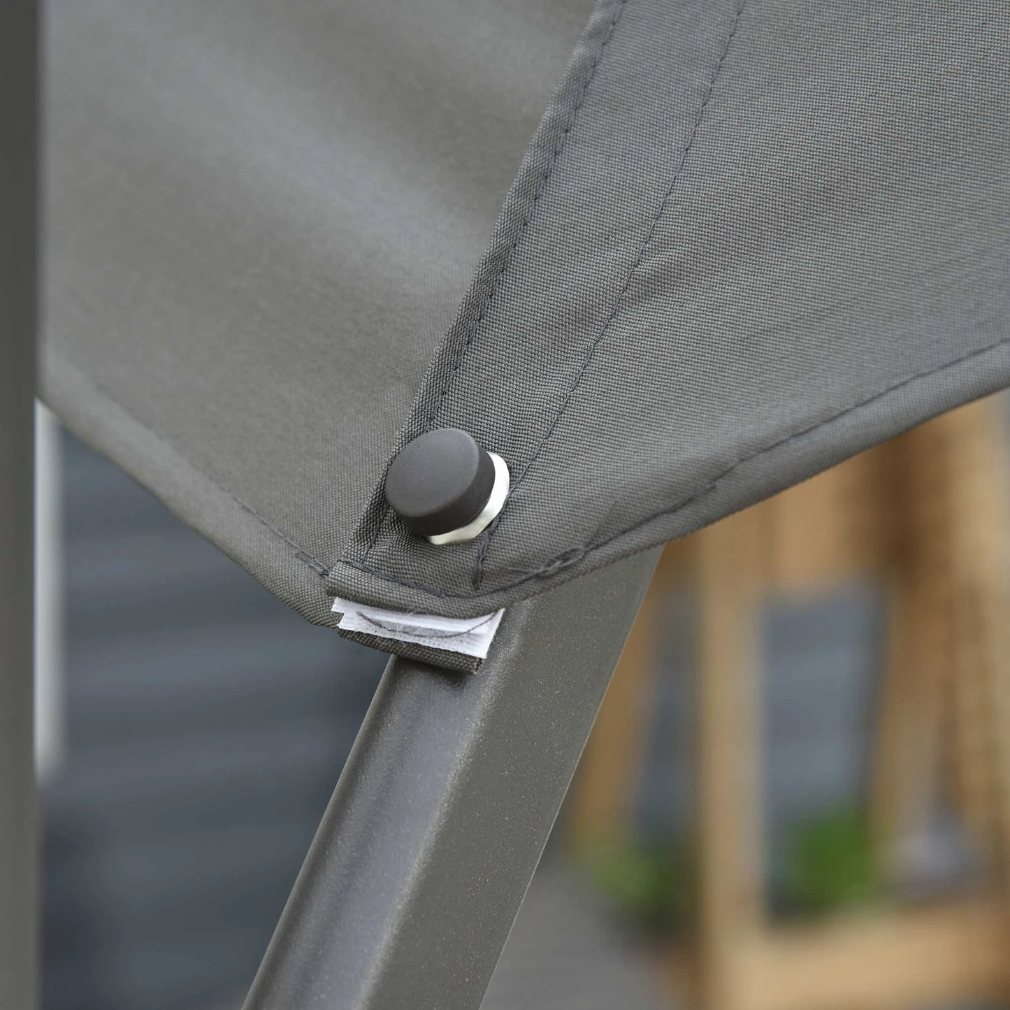 Close-up of a gray umbrella with a button and blurred background