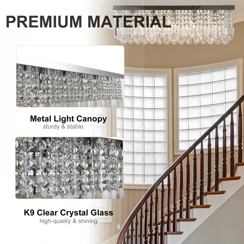 Chandelier with metal light canopy and K9 clear crystal glass in a staircase setting.