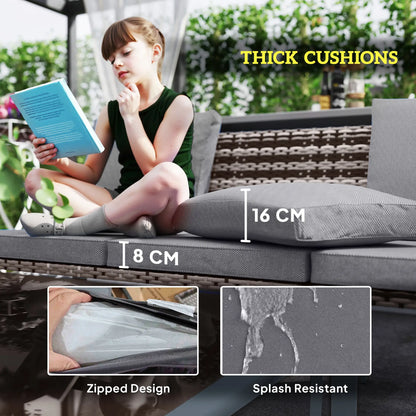 Person sitting on a outdoor sofa with thick cushions, highlighting features like zipped design and splash resistance.