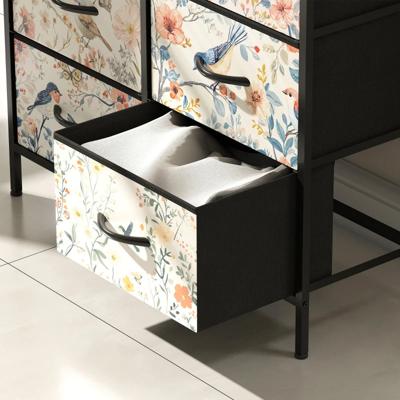 Black storage unit with floral-patterned drawers on a light wooden floor.
