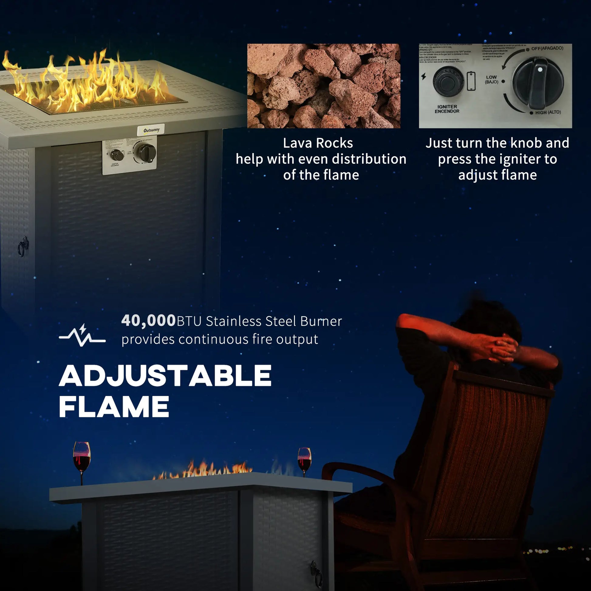 Outdoor fire pit with adjustable flame feature, lava rocks, and control panel on a dark background.
