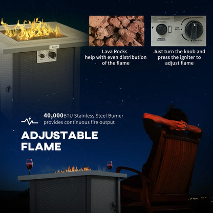 Outdoor fire pit with adjustable flame feature, lava rocks, and control panel on a dark background.