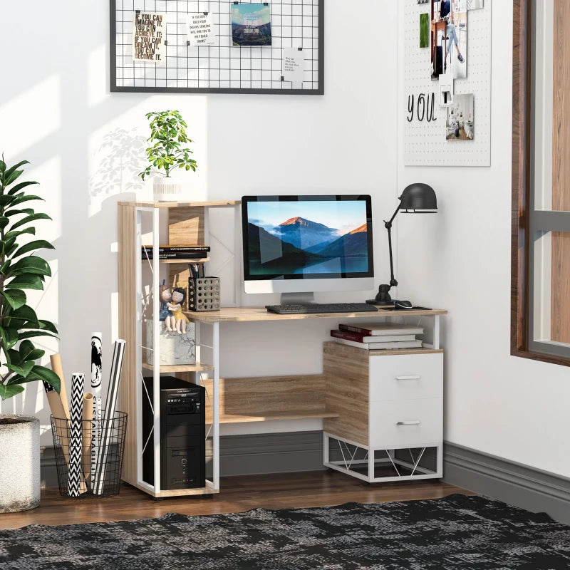 Corner office desk with computer setup, bookshelf, and decorative elements in a room.