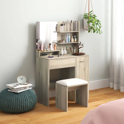Wooden vanity with mirror, stool, and decorative items in a room setting.