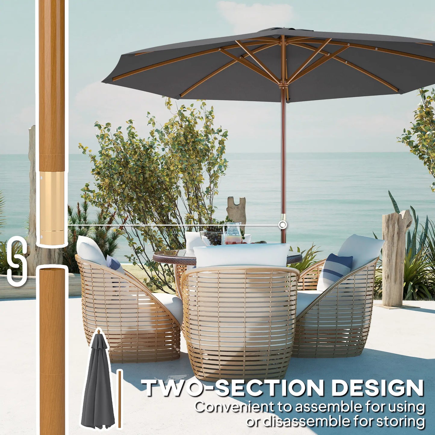 Outsunny 3m Wood Pole Parasol Umbrella