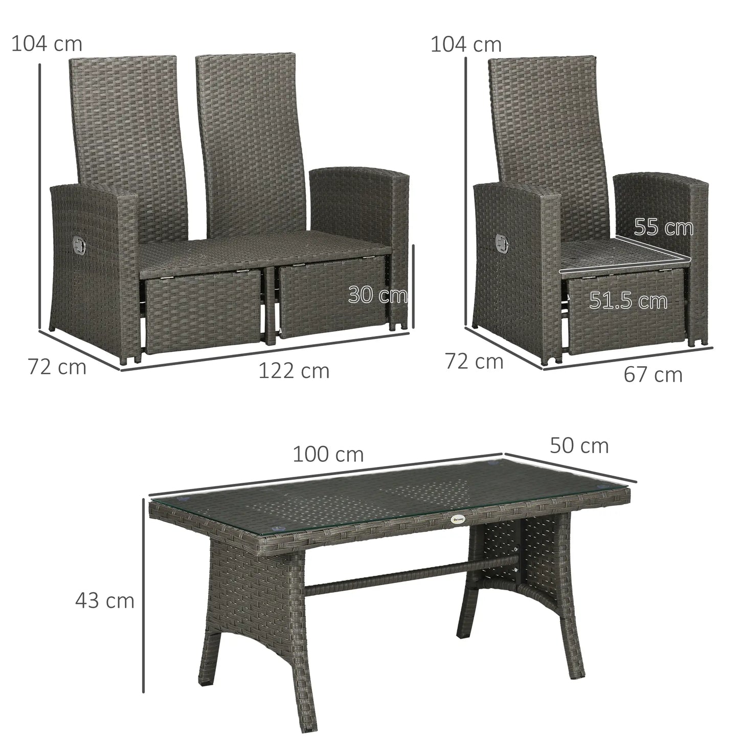 Outsunny 4 Piece Rattan Garden Furniture Set Outdoor Sofa Sectional Set with Glass Top Table for Poolside