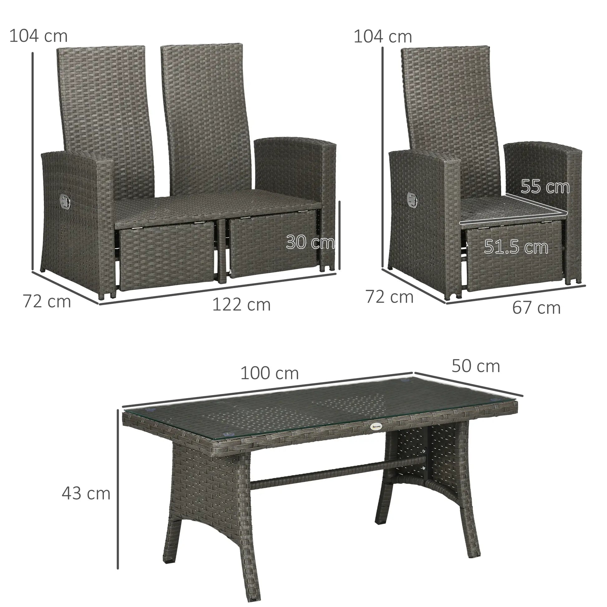 Outsunny 4 Piece Rattan Garden Furniture Set Outdoor Sofa Sectional Set with Glass Top Table for Poolside
