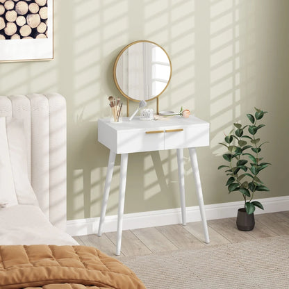 White vanity table with round mirror in a bedroom setting