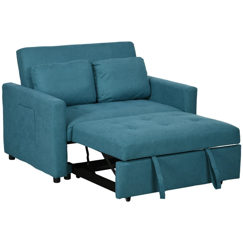 Teal sectional sofa with pull-out bed on a white background